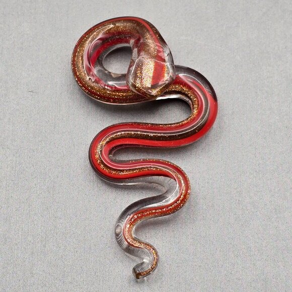 Artisan Made Glass Snake Pendant 2.5" Red w/ Gold Sparkle Sculptural Bail - Picture 2 of 7